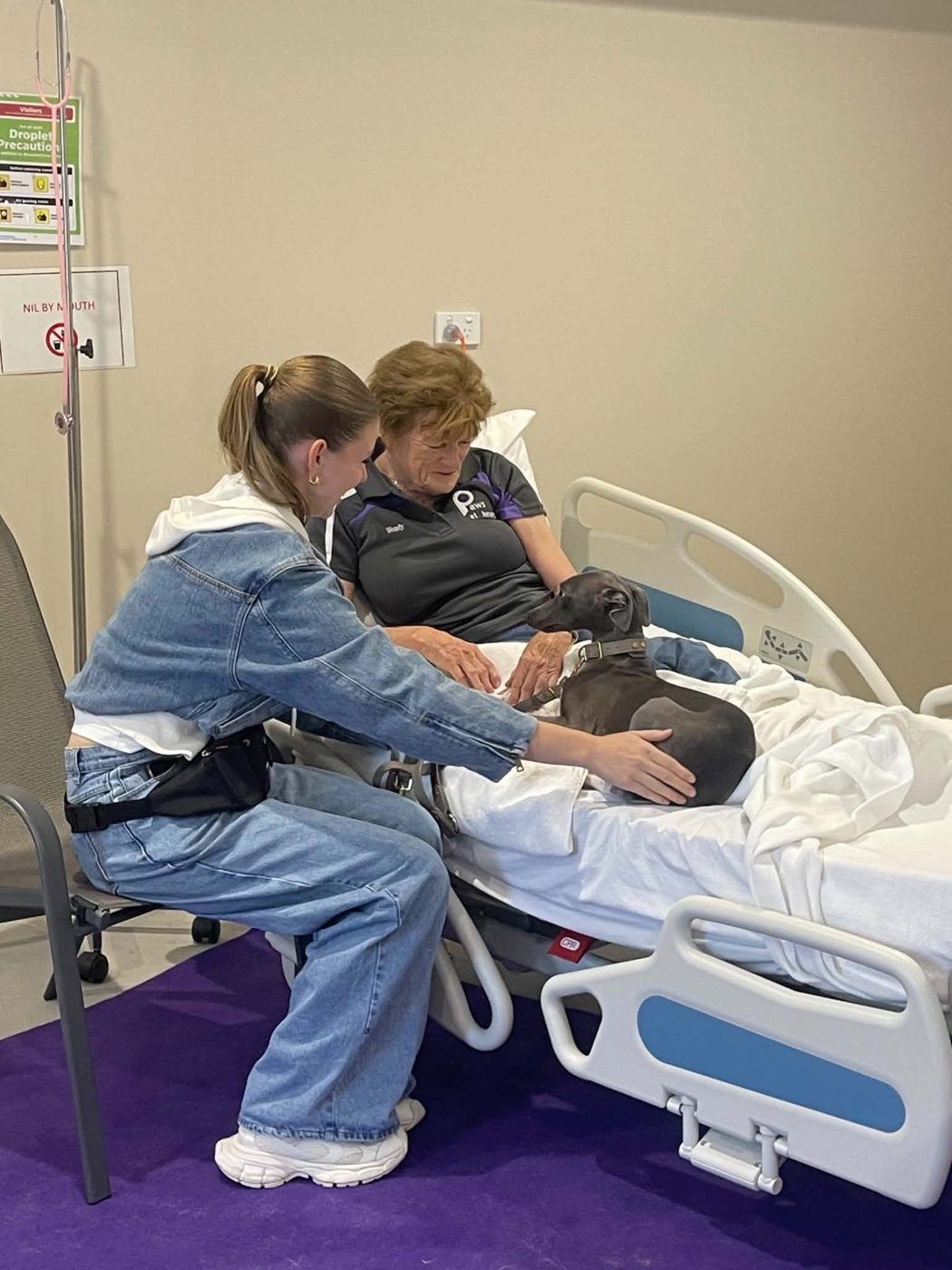 A volunteer beside a patient's hospital bed with her dog