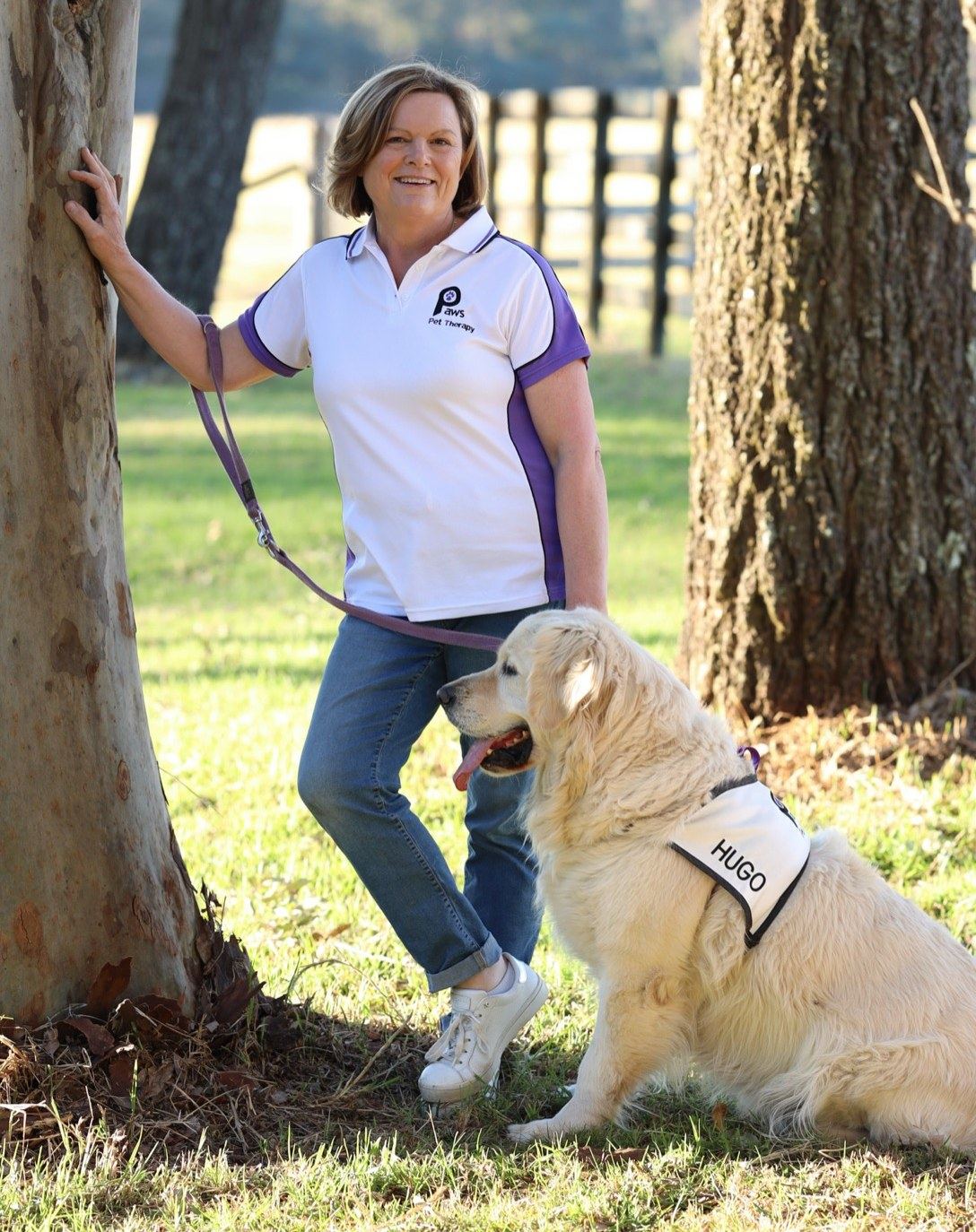 Sharon Stewart with Hugo, a PAWS therapy dog, founder and CEO of PAWS Pet Therapy