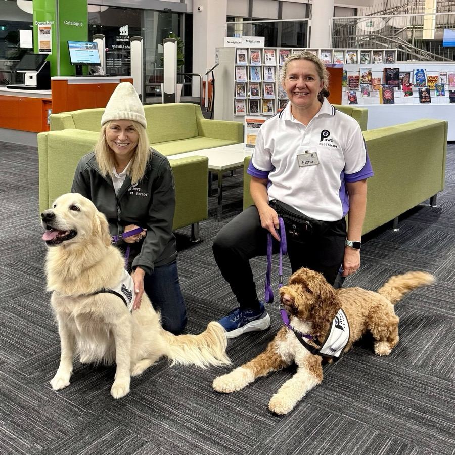 Two PAWS volunteers with their therapy dogs at a library visit