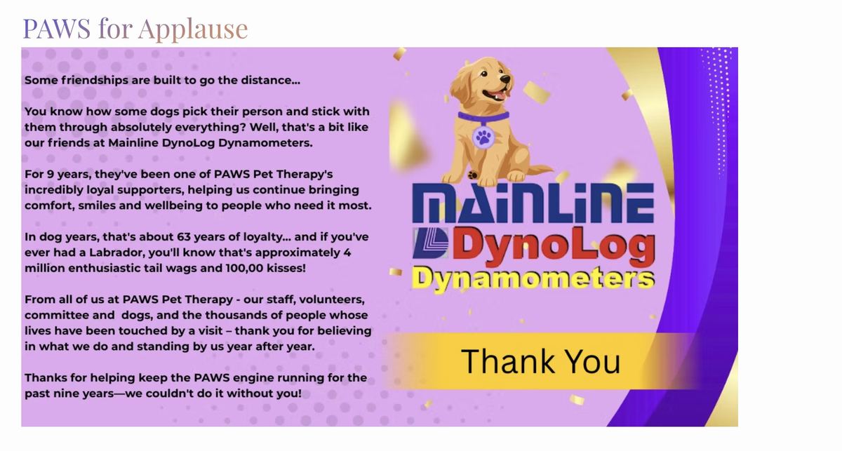 A PAWS for Applause thank you graphic for Mainline DynoLog Dynamometers, nine years of support
