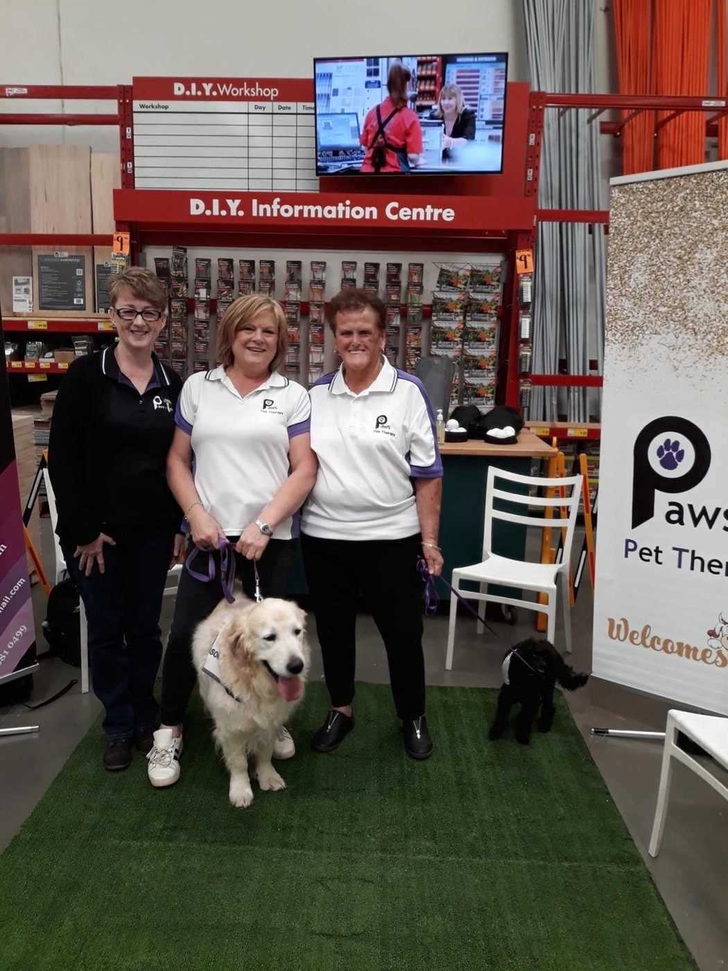 PAWS volunteers and their dogs at a hardware store community stall
