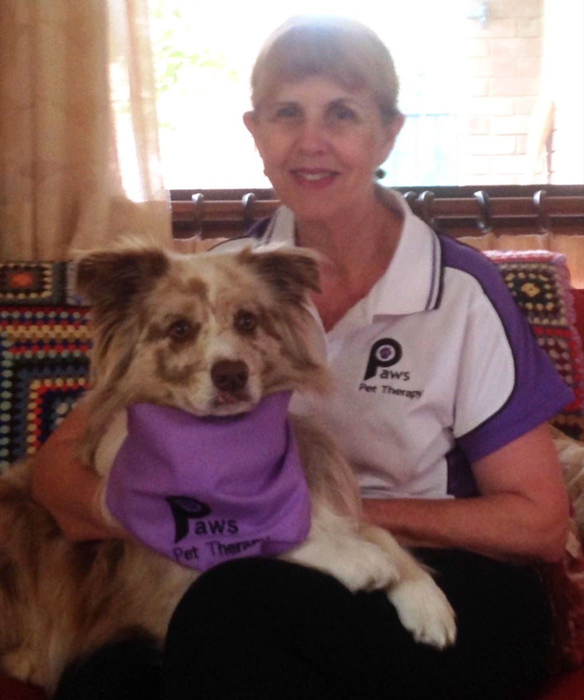 A volunteer holding her small PAWS therapy dog in its purple vest