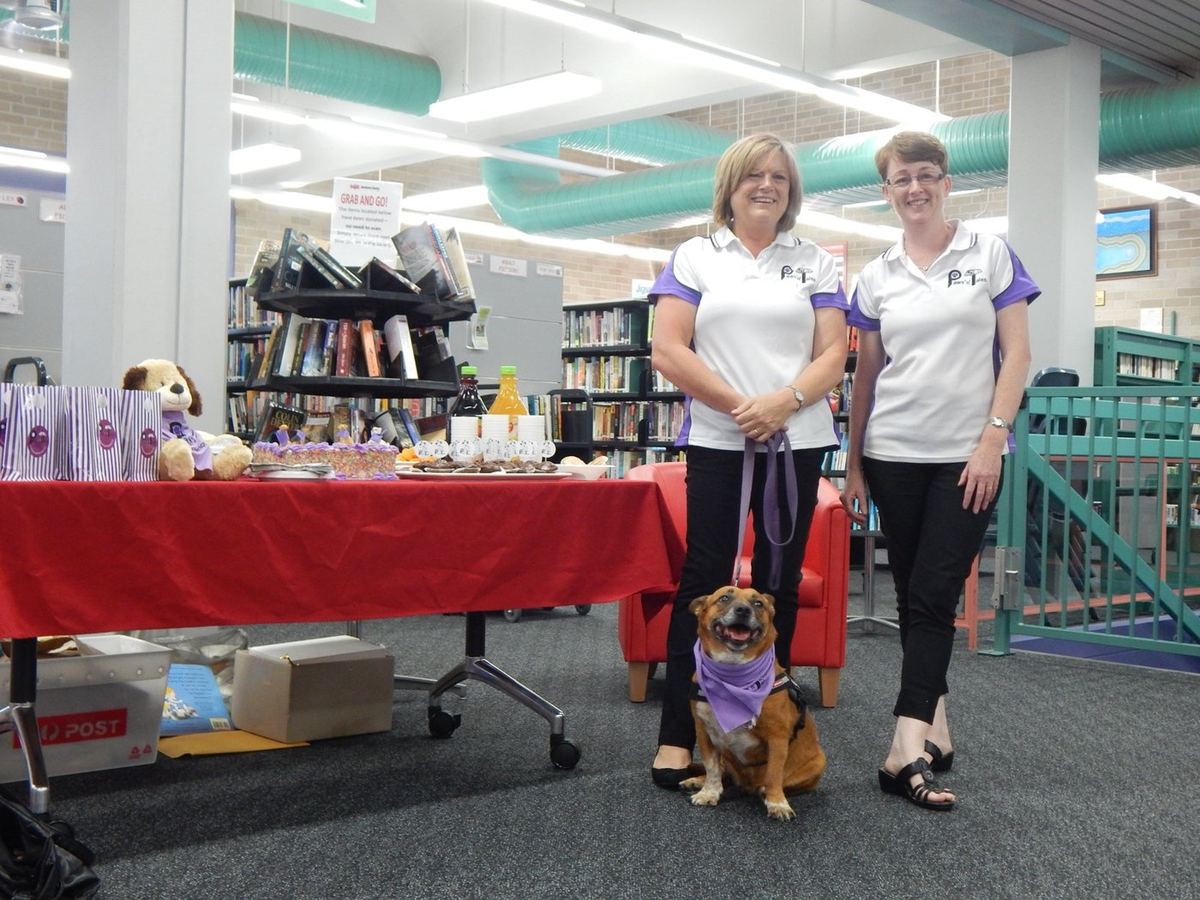 PAWS volunteers and their dogs on a visit to Qantas staff