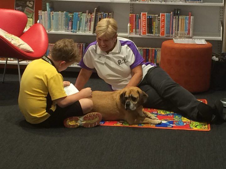 A child reading with a PAWS dog on a library rug
