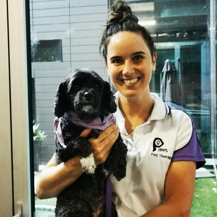 A PAWS volunteer holding her small black dog