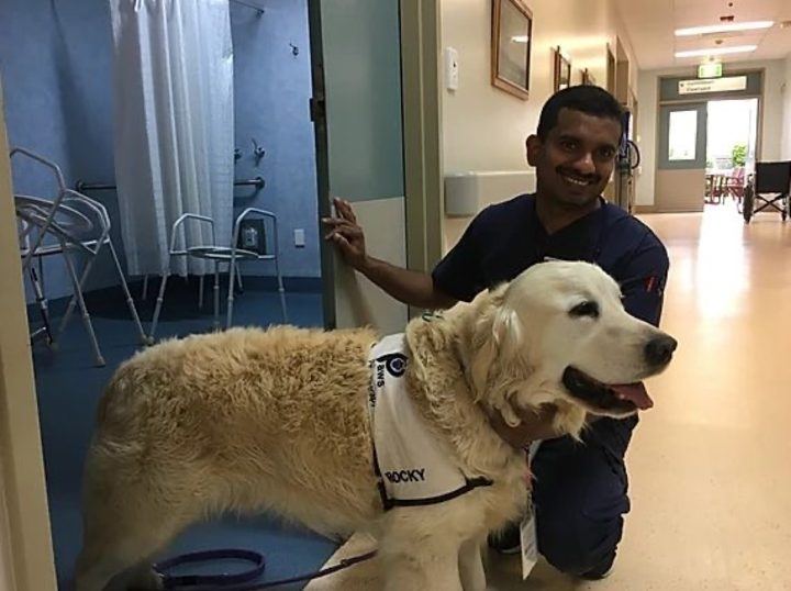 A volunteer with his golden retriever on a visit