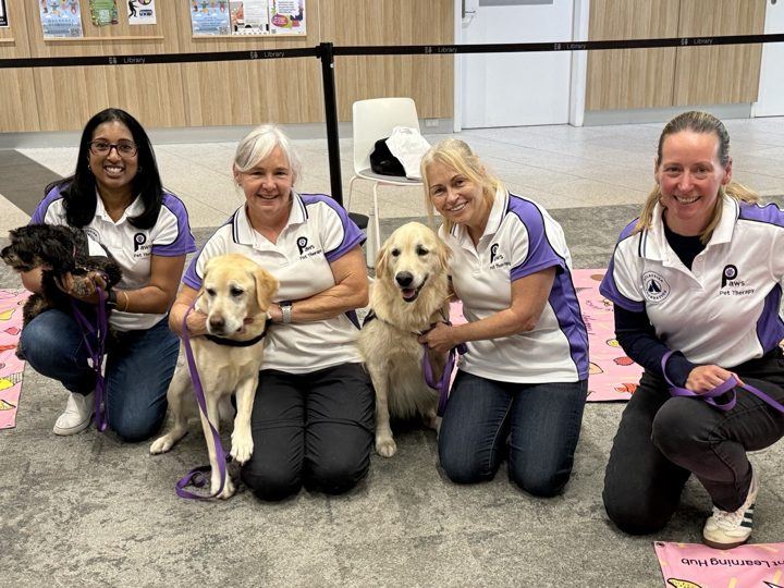 Four PAWS volunteers kneeling with their dogs