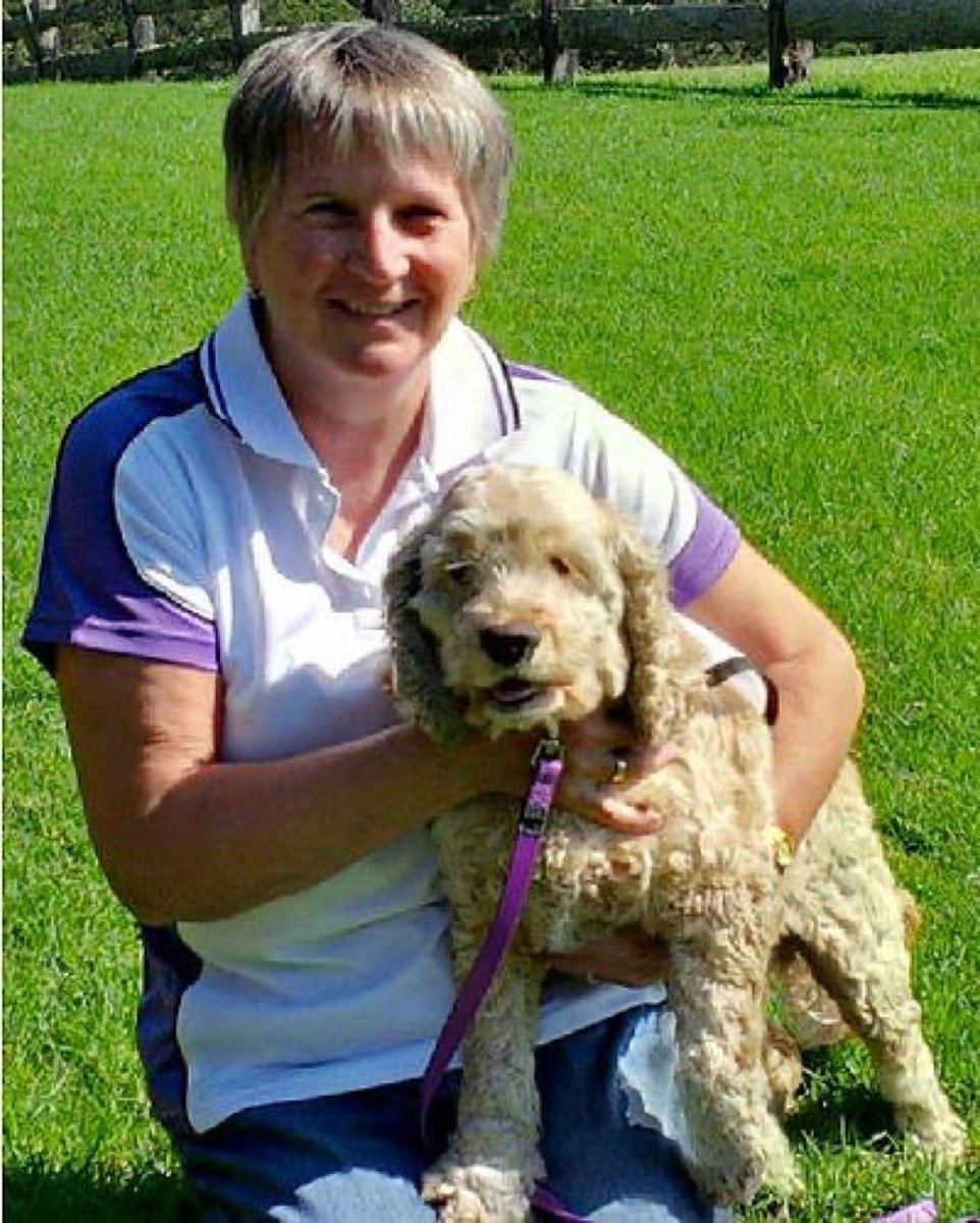 A PAWS volunteer smiling with her doodle on the grass